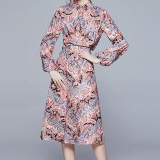 Set: Long-sleeve Print Blouse + Midi A-line Skirt