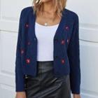 Flower Patterned Buttoned Cardigan Navy Blue - One Size