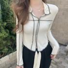 Long-sleeve Collared Contrast Stitch Top Almond - One Size