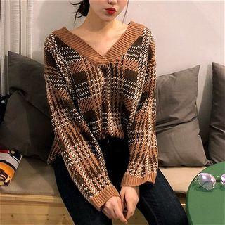 V-neck Plaid Sweater As Shown In Figure - One Size
