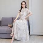 Short Sleeve Lace-up Print Chiffon Dress