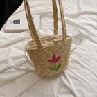 Flower Embroidered Woven Tote Bag Khaki - One Size