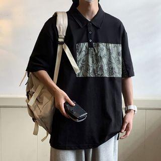 Elbow-sleeve Print Panel Polo Shirt