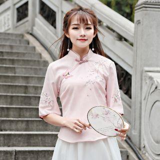 Elbow-sleeve Floral Embroidered Cheongsam Top / A-line Skirt