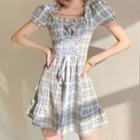 Short-sleeve Plaid Lace Up Mini A-line Dress