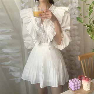 Long-sleeve Lace Trim Ruffle Blouse / Mini A-line Skirt