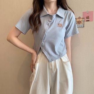 Short-sleeve Bear Embroidered Asymmetrical Cropped Polo Shirt