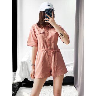 Short-sleeved Plain Playsuit With Sash