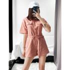 Short-sleeved Plain Playsuit With Sash