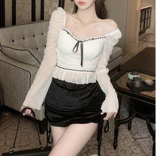 Long-sleeve Tie-front Ruffle Hem Top