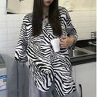 Elbow-sleeve Zebra Print Shirt As Shown In Figure - One Size