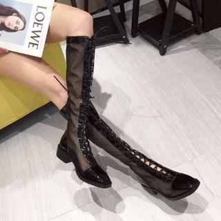 Chunky Heel Mesh Lace-up Tall Boots