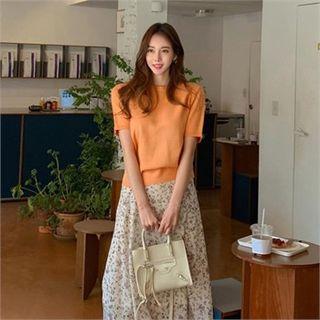 Crewneck Short-sleeve Colored Knit Top