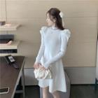 Puff-sleeve Midi Knit Dress White - One Size
