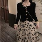Set: Scallop Trim Blouse + Flower Print Midi A-line Skirt
