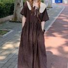 Short-sleeve Plaid Midi A-line Dress Plaid - Dark Brown - One Size
