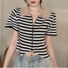 Short-sleeve Zip-up Striped Polo Knit Top