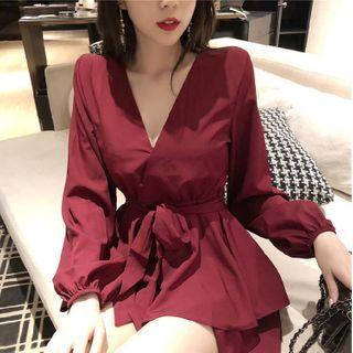 V-neck Long-sleeve Tiered A-line Dress