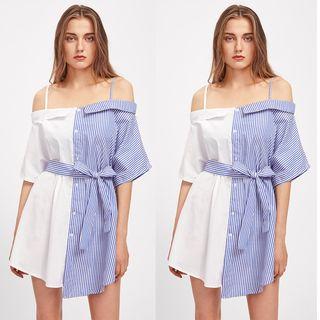 Striped Panel Off Shoulder Shirtdress