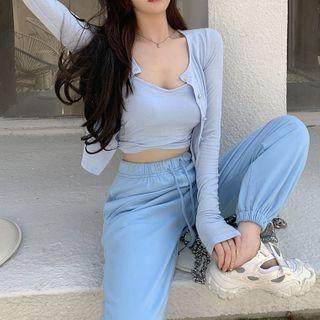 Plain Cardigan / Sleeveless Top / Jogger Pants