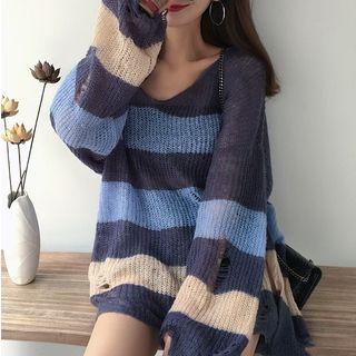 V-neck Ripped Striped Sweater