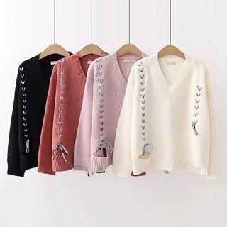 Lace-up V-neck Knit Sweater