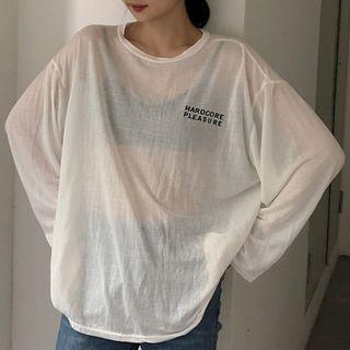 Printed Long-sleeve Sheer Top White - One Size