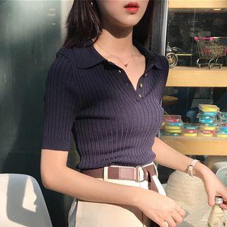 Plain Ribbed Knit Short Sleeve Polo Shirt