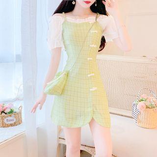 Off-shoulder Check Panel Sheath Dress