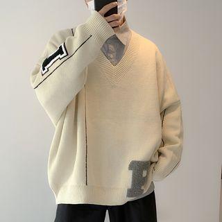 V-neck Letter Applique Sweater