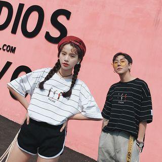 Couple Matching Embroidered Striped Elbow-sleeve T-shirt