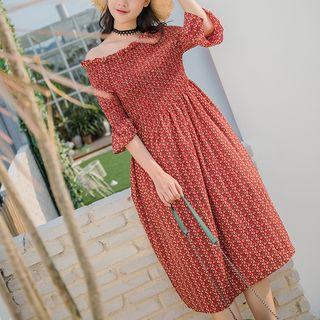 3/4-sleeve Off-shoulder Printed Dress