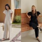 Flutter-sleeve Baggy Jumpsuit Beige - One Size