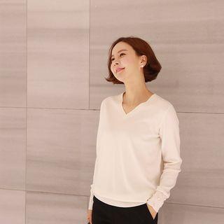 Buttoned-sleeve V-neck Knit Top