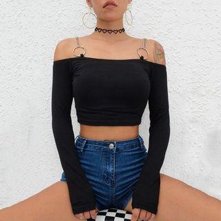 Long-sleeve Off-shoulder Chained Crop Top