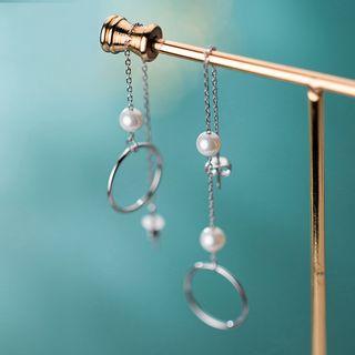 925 Sterling Silver Faux Pearl Hoop Threader Earring As Shown In Figure - One Size