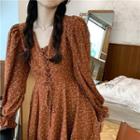 Puff-sleeve Drawstring Floral Dress Brick Red - One Size