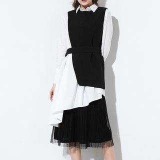 Set: Sleeveless Plain Slit Side Top + Plain Shirt Dress