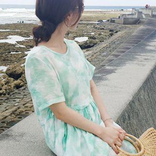 Drawstring-waist Tie-dyed Dress Green - One Size