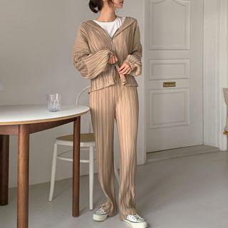 Set: Drop-shoulder Pleated Hoodie + Band-waist Pants