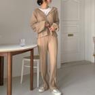 Set: Drop-shoulder Pleated Hoodie + Band-waist Pants