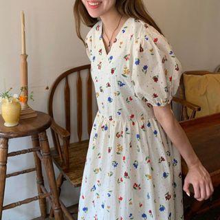 Puff-sleeve Floral Print Midi A-line Dress Beige & Red & Yellow - One Size