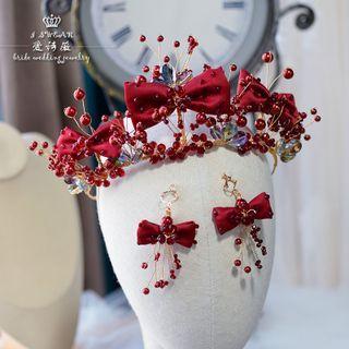 Set: Wedding Beaded Bow Headband + Clip-on Earring Wine Red - One Size