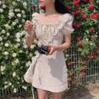 Puff-sleeve Tie Neck Shirred Dress