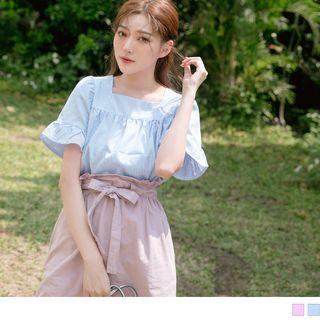 Tie-back Check Ruffled Short-sleeve Top