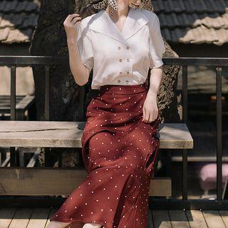 Elbow-sleeve Double Breasted Shirt / Dotted Midi Skirt