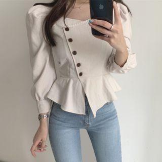 Long-sleeve Irregular Buttoned Peplum Top Almond - One Size