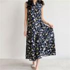 Sleeveless Floral Print Maxi Dress With Sash Navy Blue - One Size
