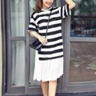 Mock Two Piece Pleated Hem Striped Elbow Sleeve Dress