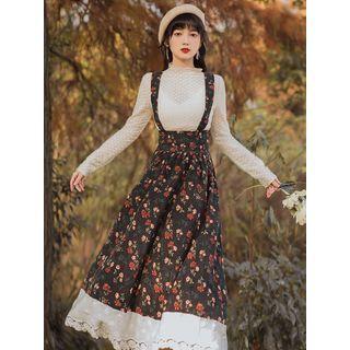 Set: Lace Blouse + Floral Print Midi Jumper Skirt